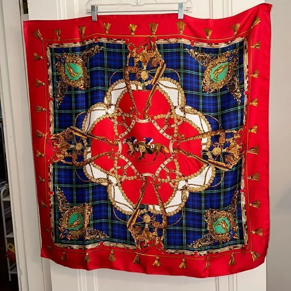 Vintage 80s/90s large polo, horses, bridle themed red, blue & gold scarf‎